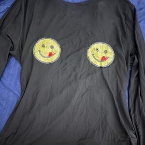 Black Long Sleeve see through Top with Smiley Face Patches